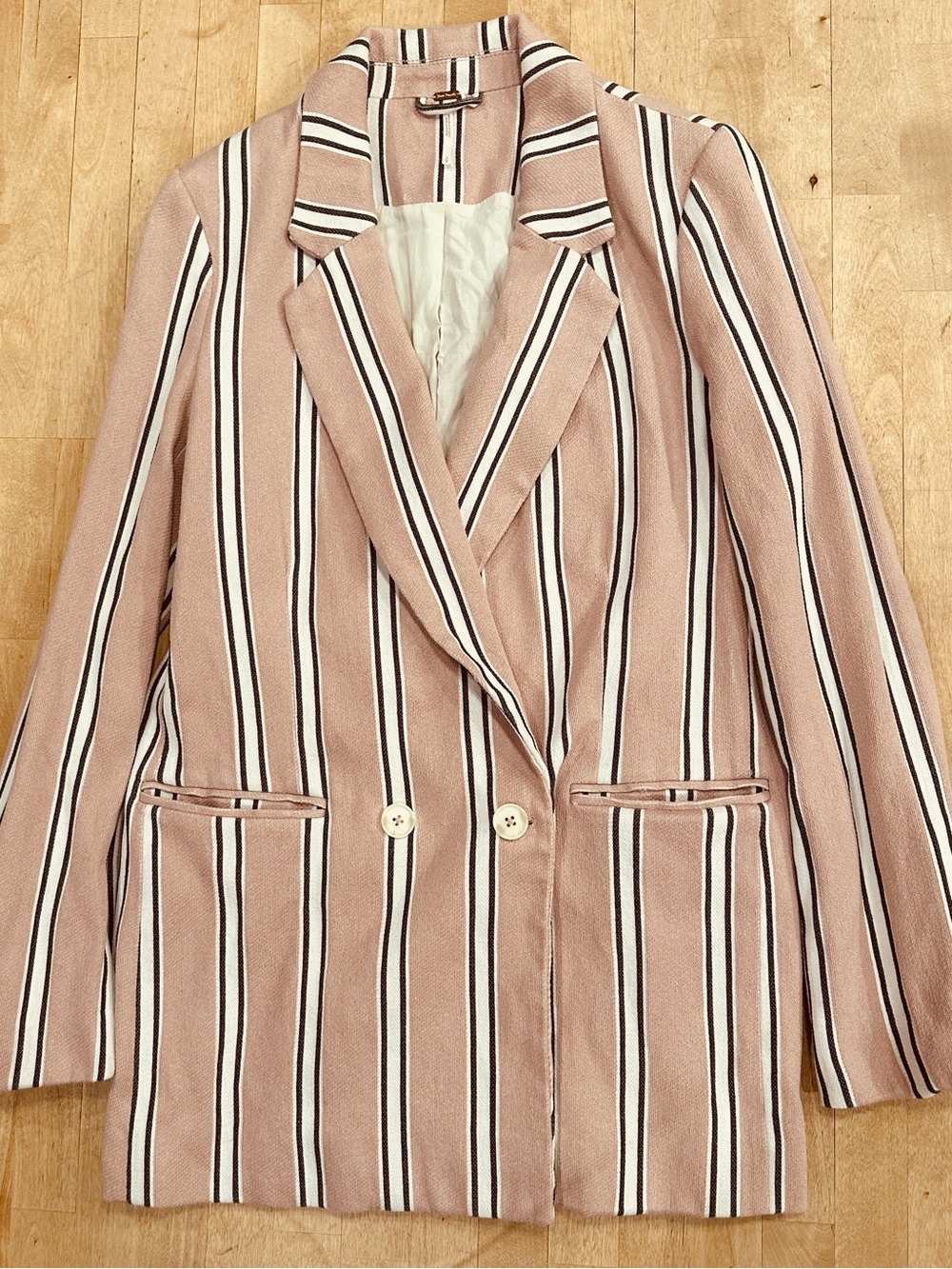 Free People Striped Blazer in Dusty Rose with Black and White